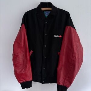 Vintage AGFA film varsity jacket Large black red suede leather embroided